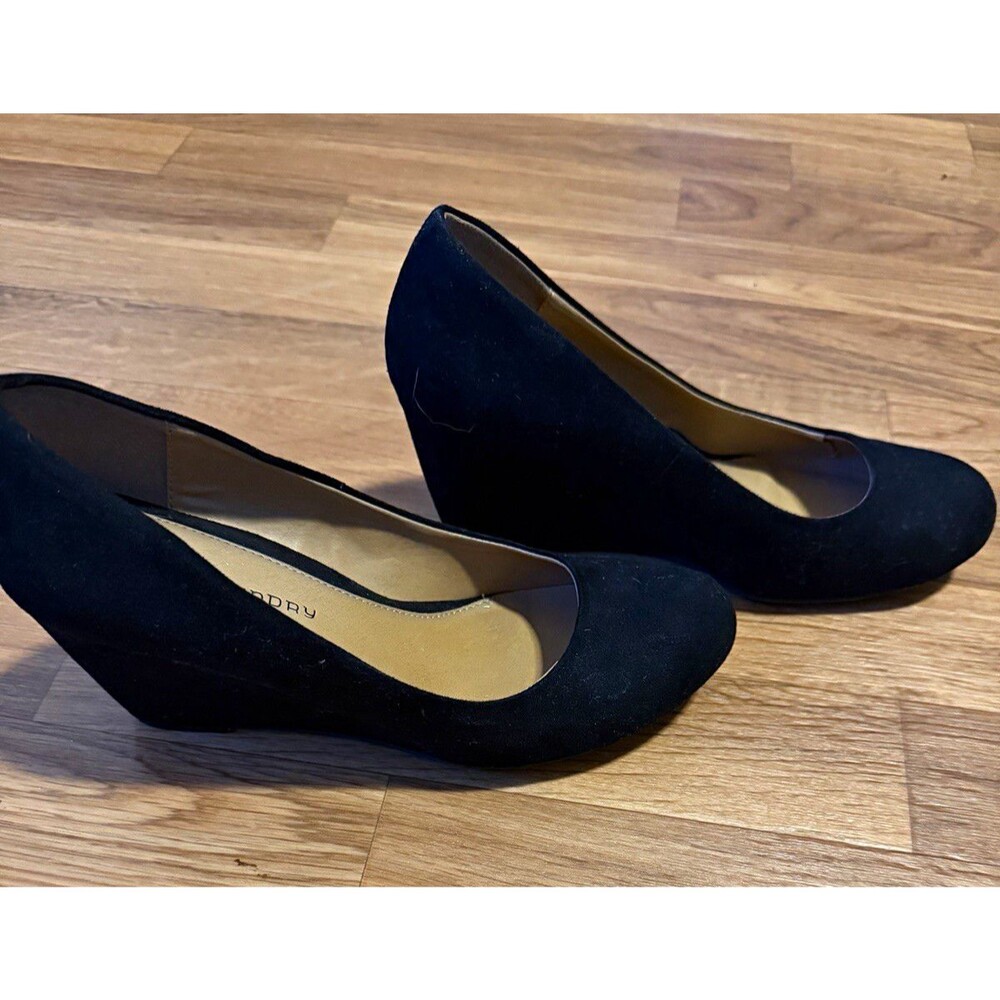CL by Laundry Black Faux Suede Wedge Pumps Womens 7M Round Toe Work Heels
